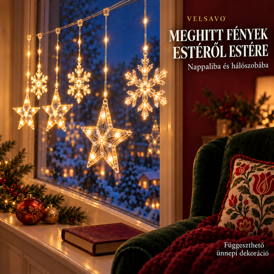 VELSAVO ⭐❄️ Karácsonyi LED-ablakdísz csillag- és hópehelymotívumokkal | Ünnepi fények az ablakban | Függeszthető kialakítás a látványos dekoráláshoz | Hangulatos kiegészítő nappaliba és hálószobába | Varázslatos karácsonyi ablakdekoráció