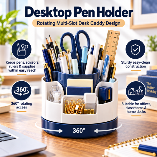 TRUPEM Desktop Pen Holder | Rotating Multi-Slot Desk Caddy Design | Keeps Pens, Scissors, Rulers & Supplies Within Easy Reach | Sturdy Easy-Clean Construction | Suitable for Offices, Classrooms & Home Desks